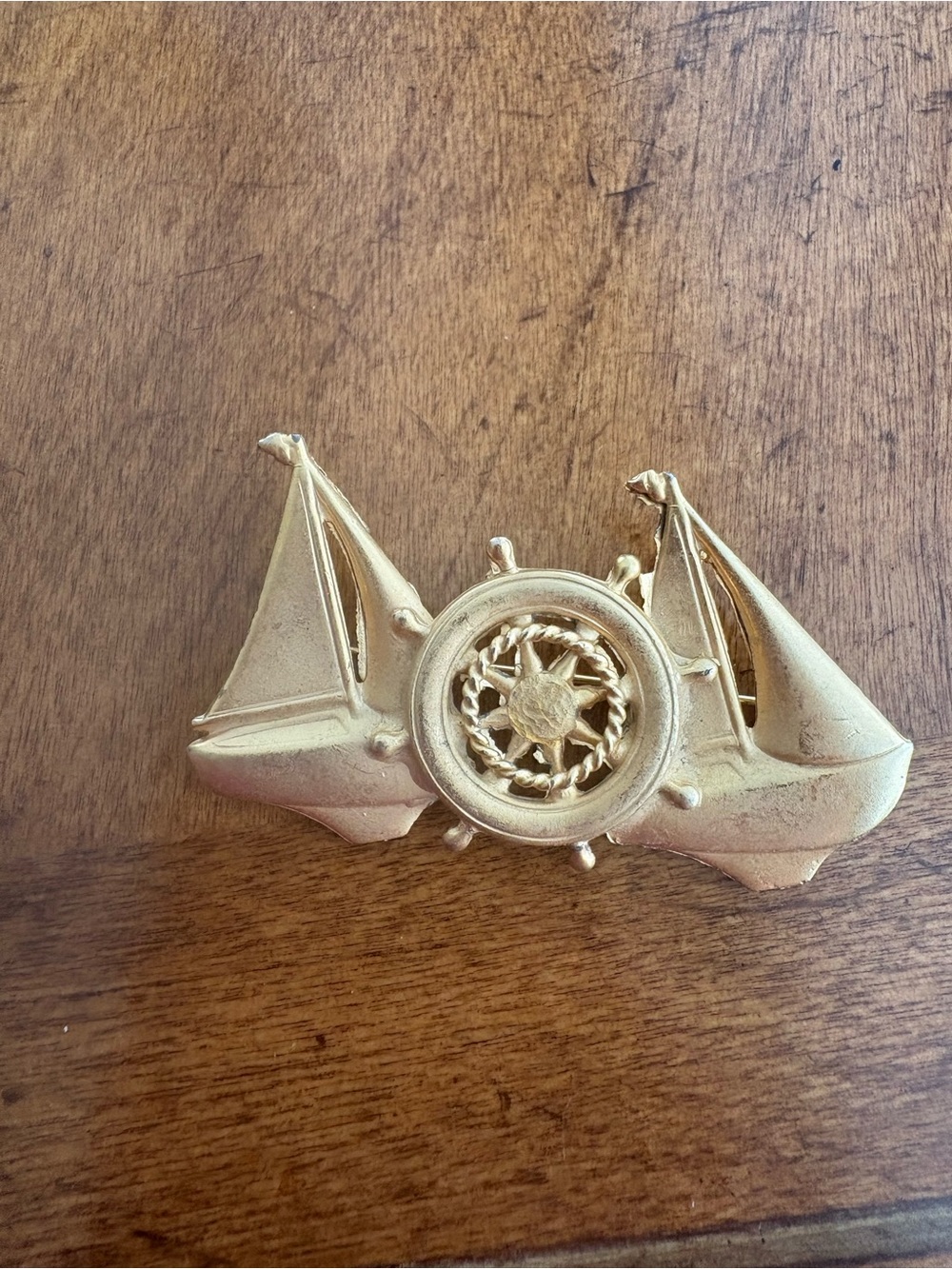 Vintage Nautical Sailboat Wheel Brooch Gold Tone Maritime Pin - Picture 6 of 8